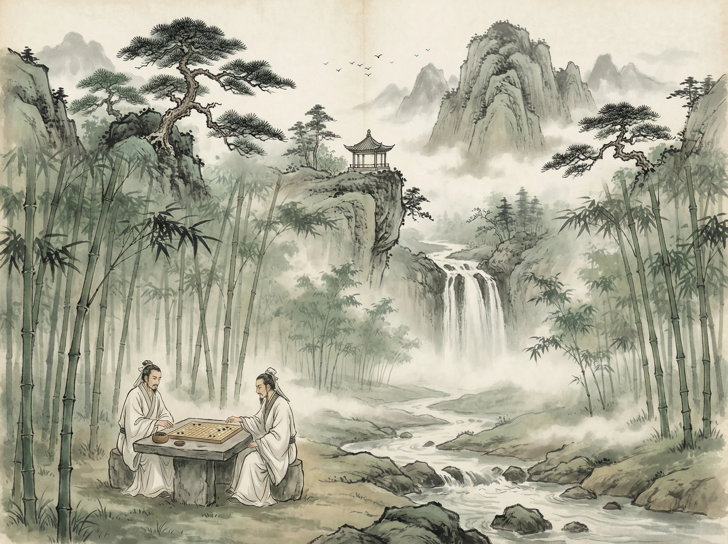 水墨山水画，松亭瀑布，we扑克 意境延伸