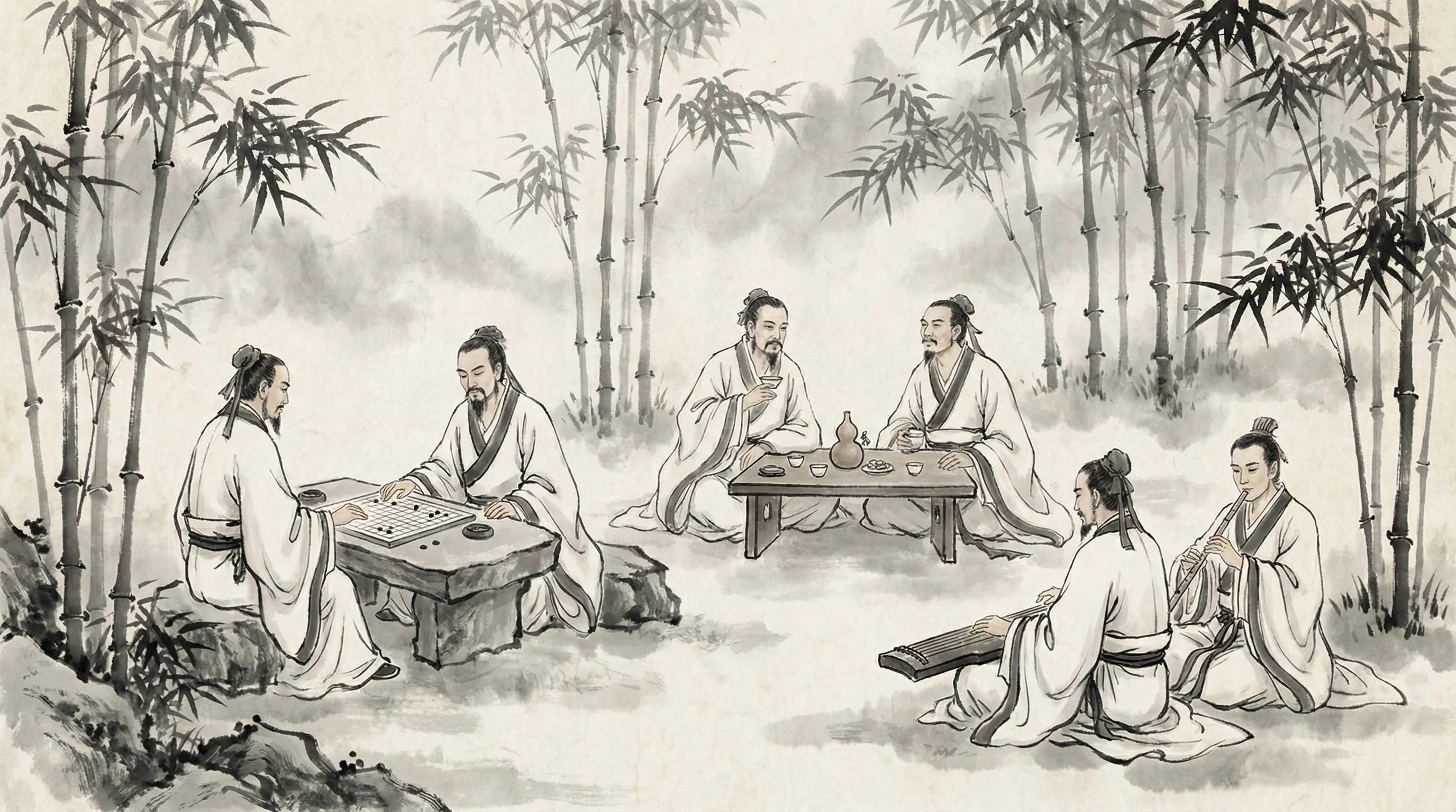 竹林七贤水墨画，隐士以棋会友，共参 we扑克 之道